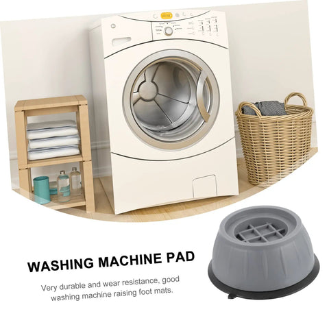 8 Pack Anti Skid Heightening Pads For Washing Machines And Fridges shown under a washing machine next to laundry basket.