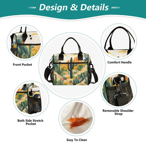 Insulated Lunch Bag With Adjustable Shoulder Strap, Tropical Summer Desert Cactus Print Cooler Tote showcasing design details
