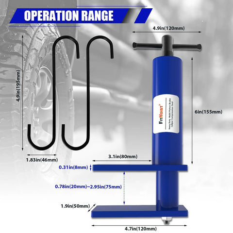 Beefy 4 In 1 Universal Brake Caliper Compression Tool for 1 2 4 and 6 piston calipers with 2 caliper hangers shown with dimensions.