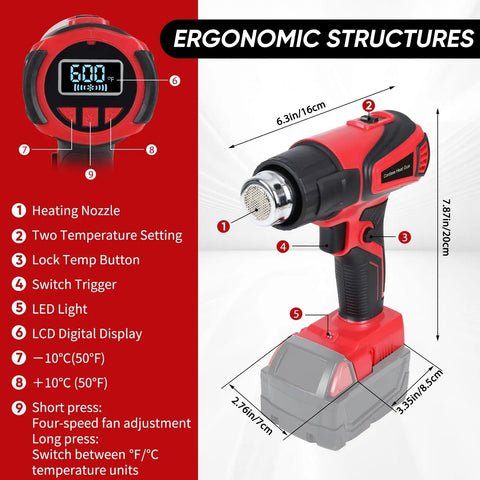 Cordless Heat Gun With M18 Battery Compatibility, Fast Heating And Variable Temp 122F To 1112F, LCD Display diagram