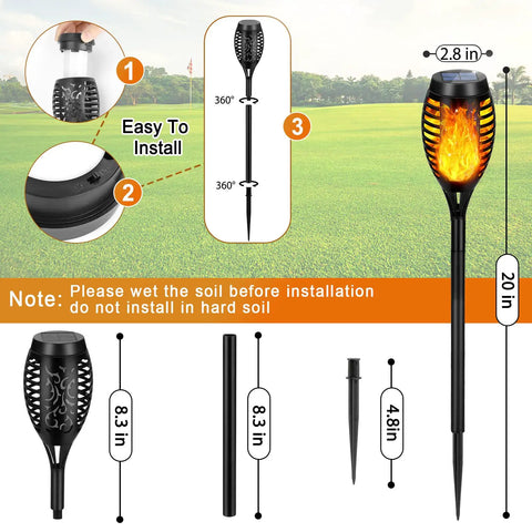 Outdoor Solar Torch Lights 6 Pack With Flickering Flame installation guide and parts, showing tiki torch dimensions and assembly steps.