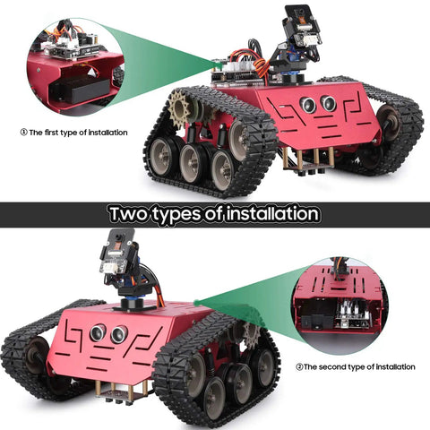 Conqueror Robot Tank Kit With UNO R3 Controller For Arduino STEM Coding Toy showing two installation types and camera mount