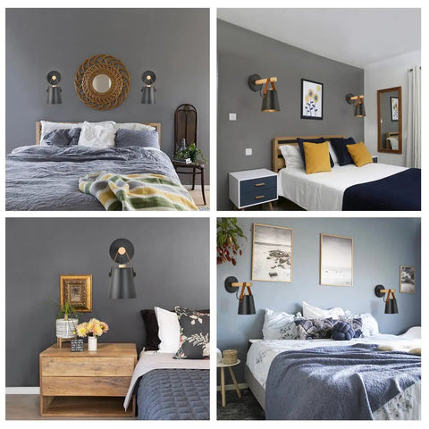 Set Of Two Modern Wall Sconces With E26 Base Indoor Bedroom Wall Lamps displayed in bedrooms, easy install, premium wood and leather look.