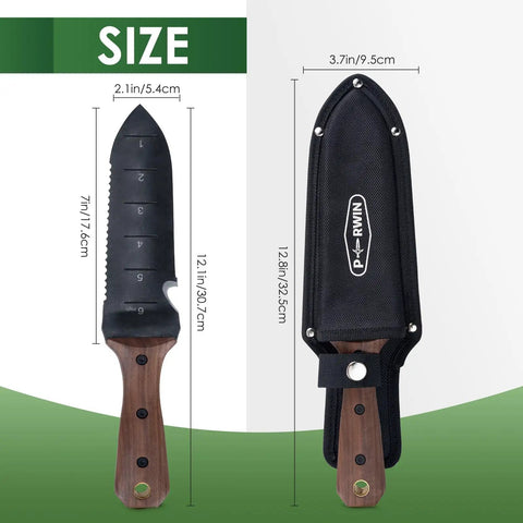 Workhorse Hori Hori Garden Knife With Sheath For Weeding, Planting And Digging, 7 Inch Stainless Steel Blade shown with sheath
