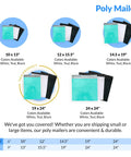 Teal Poly Mailers 19x24 Inch 110 Pack Non Padded Self Sealing Shipping Bags For Clothing displayed with size options