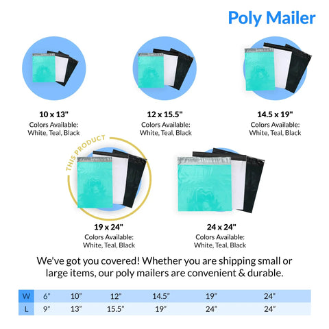 Teal Poly Mailers 19x24 Inch 110 Pack Non Padded Self Sealing Shipping Bags For Clothing displayed with size options