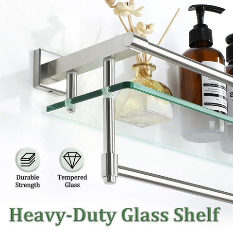 Floating Bathroom Shelf With Towel Bar 20 Inch 8mm Tempered Glass On SUS304 Stainless Steel in Brushed Nickel finish with toiletries