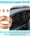 Oil Pressure Gauge Tubing Kit 72 Inch Universal Fit With Copper Tube And Threaded Brass Parts displayed beside car dashboard.