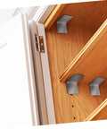 Built Tough Iron Corner Brackets For Cabinet Repair With Included Screws For Quick Diy Fixes No Sweat Power Drill Install For Shelves And Tables Slick Black Heavy Duty L Bracket Shelf Support Hardware Pack shown installed in cabinet with wood shelves.