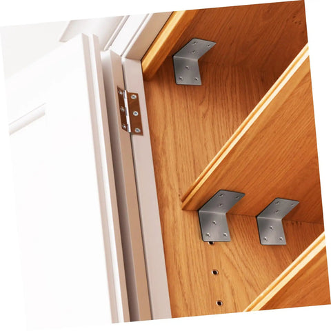 Built Tough Iron Corner Brackets For Cabinet Repair With Included Screws For Quick Diy Fixes No Sweat Power Drill Install For Shelves And Tables Slick Black Heavy Duty L Bracket Shelf Support Hardware Pack shown installed in cabinet with wood shelves.