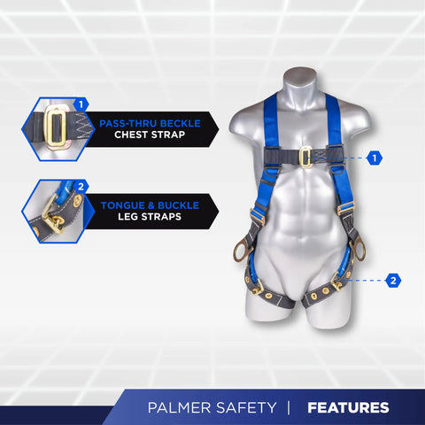 Fall Protection Roofing Bucket Kit With Full Body Harness And 50 Foot Vertical Rope And Anchor Set For Roofers And Construction Pros OSHA And ANSI Compliant, showing adjustable harness straps on mannequin.