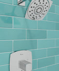 Deckard Single Handle Shower Faucet Trim Kit With Polished Chrome Multi-Function Shower Head And Three Spray Modes Including Rain Massage And Invigorating Spray Valve Sold Separately Bathroom Fixtures Hardware Set in a modern bathroom setup with turquoise tiles.