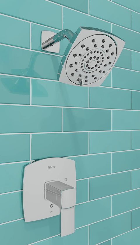 Deckard Single Handle Shower Faucet Trim Kit With Polished Chrome Multi-Function Shower Head And Three Spray Modes Including Rain Massage And Invigorating Spray Valve Sold Separately Bathroom Fixtures Hardware Set in a modern bathroom setup with turquoise tiles.