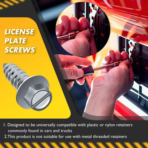 Close-up of Upgraded 100 Pcs License Plate Screws Set With Rustproof Finish Slotted Hex Head Bolts in use on car frame