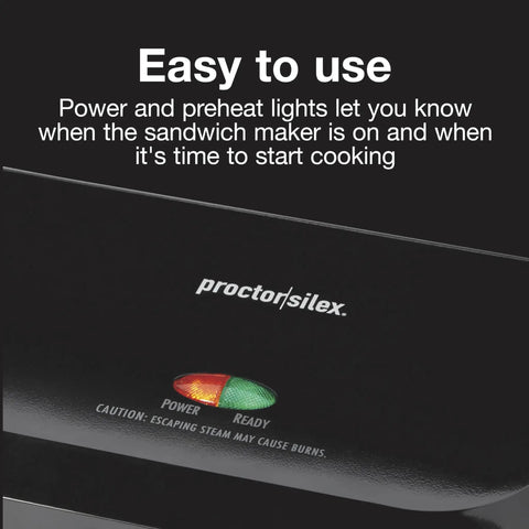 Proctor Silex Panini Press Sandwich Maker With Nonstick Plates For Grilling Burgers Chicken And Veggies Easy Clean Electric Indoor Grill Machine shown with power and preheat indicator lights.