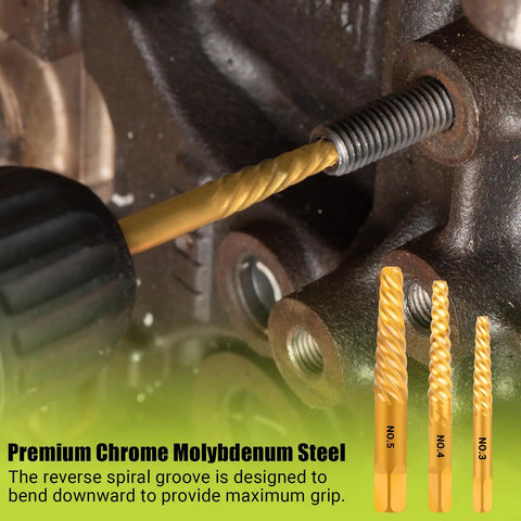 Close-up of Damaged Screw Extractor Set, 7 Piece Easy Out Bolt Extractor Kit in CR MO Steel used on metal bolt.