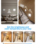 Battery Powered Motion Sensor LED Light With Remote in various indoor settings, demonstrating brightness and color modes, including dimmable features.