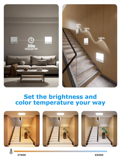 Battery Powered Motion Sensor LED Light With Remote in various indoor settings, demonstrating brightness and color modes, including dimmable features.