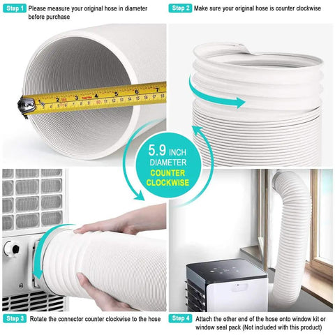 5.9 Inch To 6 Inch Portable AC Exhaust Hose installation steps with counterclockwise thread for easy replacement.