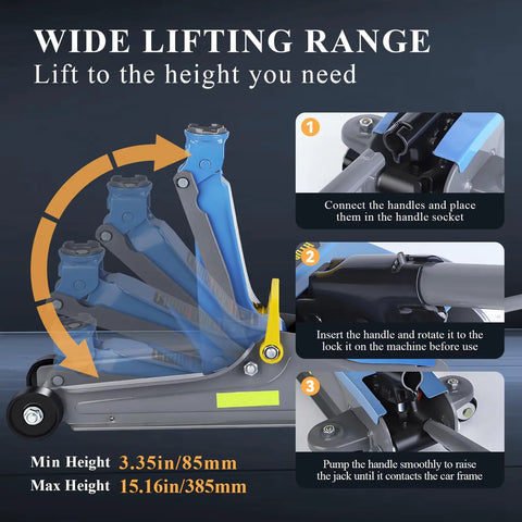 2.5 Ton Heavy Duty Hydraulic Floor Jack With Low Profile Design showing lifting range and handle usage steps