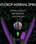 Close-up of Nonstick Resin-Resist Micro-Tip Garden Snips 6 Inch Fluorine-Coated Scissors Pruning Shear's internal spring, purple handles and anti-drop design.