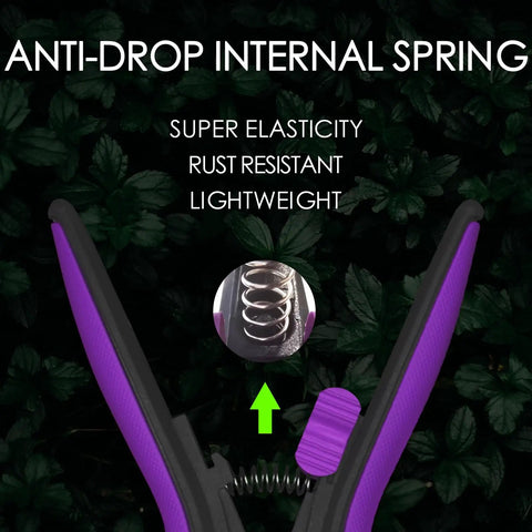 Close-up of Nonstick Resin-Resist Micro-Tip Garden Snips 6 Inch Fluorine-Coated Scissors Pruning Shear's internal spring, purple handles and anti-drop design.