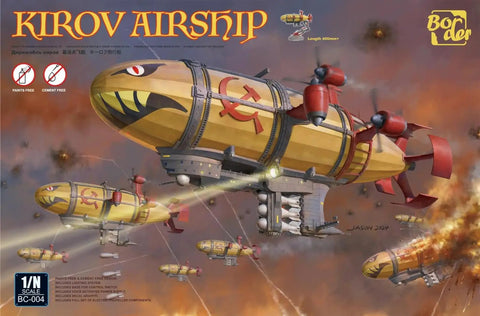 Box art of the Kirov Airship Military Model Kit With ABS Plastic Build, Rotor And LED Lights, showing multiple airships in battle.