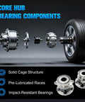 Exploded view of Two Piece Front Wheel Hub And Bearing Assembly Set For Altima 2007 2018 Maxima 2009 2019 Pathfinder 2013 2019 Murano 2009 2018 Infiniti QX60 2014 2019 5 Lug OE Quality Replacement showing components and tire integration with solid cage structure description.