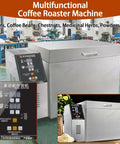 No Fuss Commercial Electric Coffee Bean And Nut Roaster With Adjustable Temperature Timing Control For Fresh Batch Peanuts Cashews Sesame Chestnuts Smooth Drum Design in stainless steel.