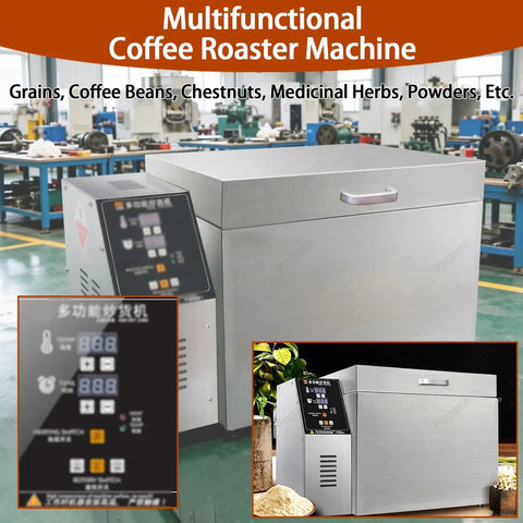 No Fuss Commercial Electric Coffee Bean And Nut Roaster With Adjustable Temperature Timing Control For Fresh Batch Peanuts Cashews Sesame Chestnuts Smooth Drum Design in stainless steel.