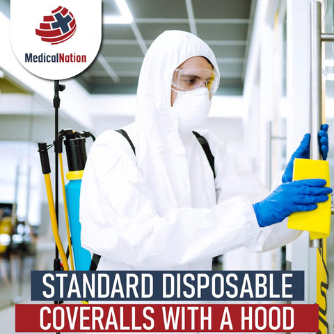Worker in disposable hazmat suit with hood cleaning indoor surface, part of 10 pack for protection against liquids and particulates.