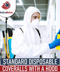 Person wearing Disposable Hazmat Suit 25 Pack With Hood Heavy Duty Breathable PPE Coverall Painter Suit 2X Large cleaning