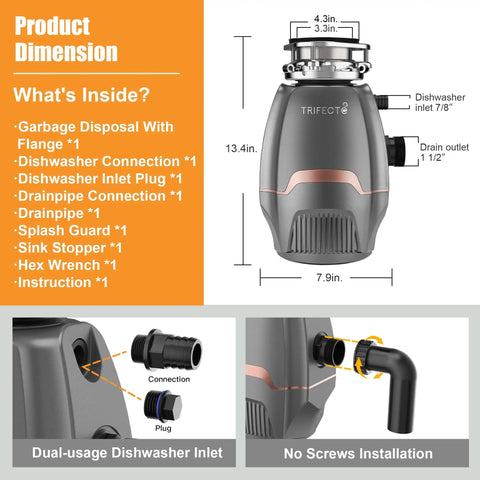 Low Key Quiet Three Quarter HP Continuous Feed Garbage Disposal With Sound Dampening Insulation And Thick Splash Guard Power Cord Included Dishwasher Hook Up Durable Vibration Block And Easy Kitchen Install front view with accessories