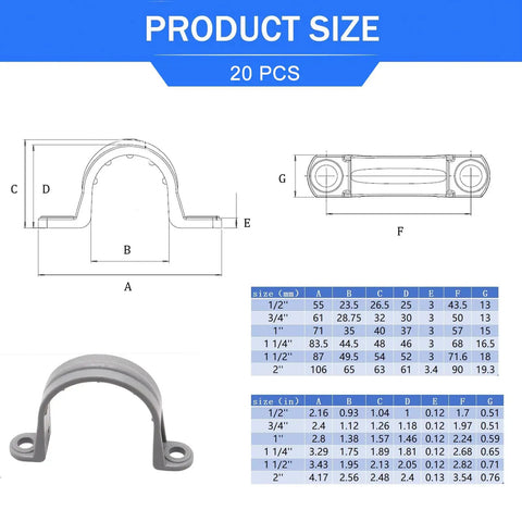 Diagram of Half Inch PVC Pipe Strap Clamp Kit with size chart, 2-Hole Conduit Pipe Supports, gray plastic, 20 pieces included.