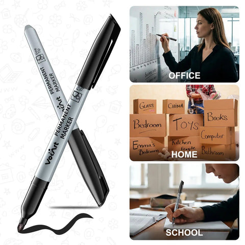 Bulk Black Permanent Markers 150 Pack With Fine Point Tips For Office And Moving, shown with labeled boxes and writing examples.