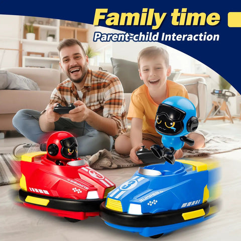 Two Pack Cool Cute Cartoon Remote Control Bumper Cars For Toddlers Mini RC Cars With Light And Sound indoors with father and son