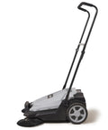Heavy Duty Manual Push Sweeper For Driveways Patios And Garages Featuring 25.5 Inch Sweep Width and 5.25 Gallon Hopper side view showing handle and brush.
