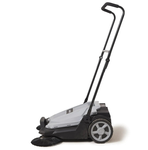 Heavy Duty Manual Push Sweeper For Driveways Patios And Garages Featuring 25.5 Inch Sweep Width and 5.25 Gallon Hopper side view showing handle and brush.