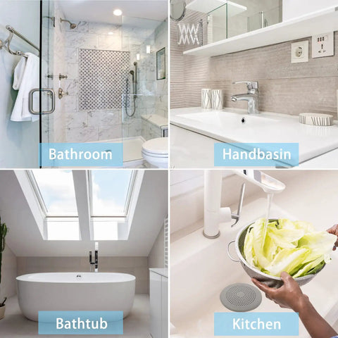 Top Shelf 2 Pack Heavy Duty Silicone Drain Hair Catcher Featuring Rock Solid Suction Cups Sticks Like Glue Stops Hair Clogs Cold And Keeps Your Plumbing Spotless White in bathroom and kitchen scenes.