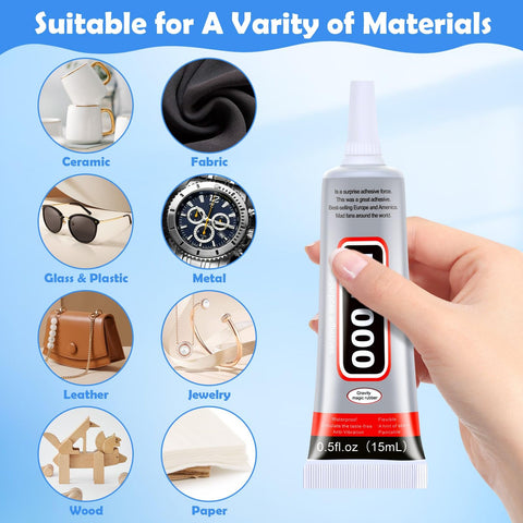 Clear Rhinestone Glue for Jewelry Making and Nail Art 4 Pack 15mL with Precision Tip, held in hand, suitable for various materials.
