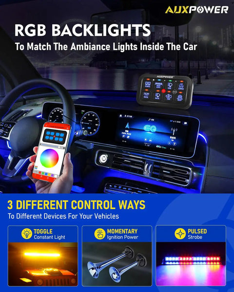 8 Gang Bluetooth App Controlled Switch Panel for 12V-24V Accessories in car interior with smartphone control app display.