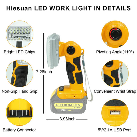 20V Cordless LED Work Light With 18W 2000 Lumen Output features include USB Charging Port and pivoting head, for garage and camping.
