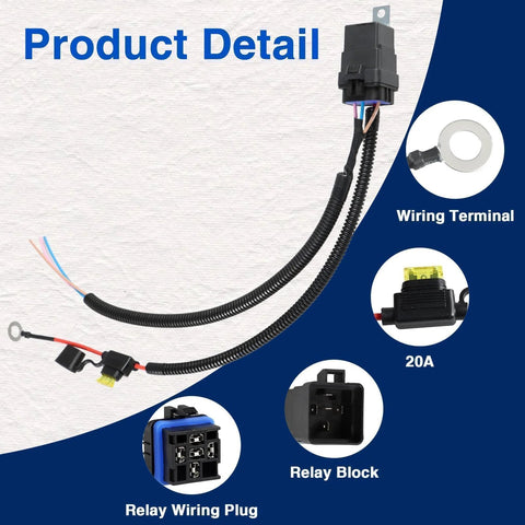 Direct Fit Beefed-Up Fuel Pump Relay Wiring Kit For Dodge Durango 2012 2013 Grand Caravan 2011 Town And Country 2011 Jeep Grand Cherokee 2012 2013 And Related Models OEM Grade Copper Wiring Plug And Play Relay Harness For Reliable Fuel System showing wiring terminal, 20A fuse, and relay block.