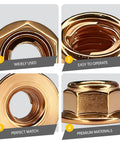 10 Pack M8 Exhaust Manifold Nuts Copper Plated Self Locking Flange Kit Replacement For OEM A1201420072 shown in close-up detail.