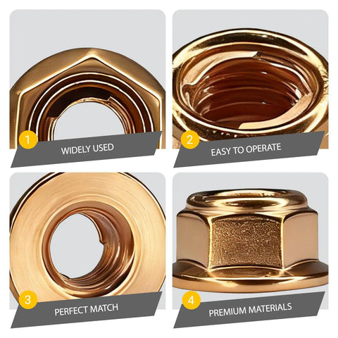 10 Pack M8 Exhaust Manifold Nuts Copper Plated Self Locking Flange Kit Replacement For OEM A1201420072 shown in close-up detail.