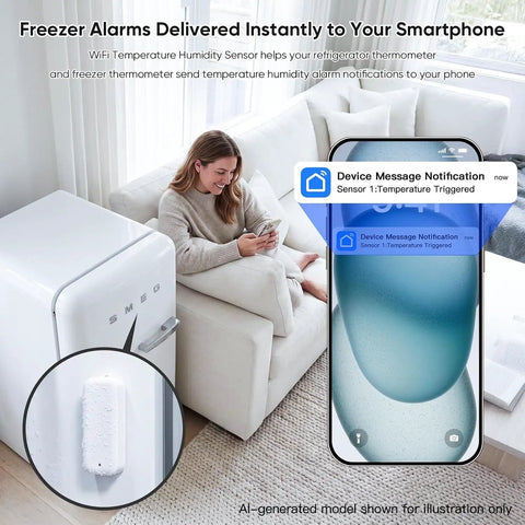 WiFi Freezer Thermometer With App Alerts And Two Wireless Fridge Sensors For Real Time Temperature Monitoring, Waterproof IP65 Probes, Instant Phone Notifications If Temperatures Go Out Of Range on white fridge