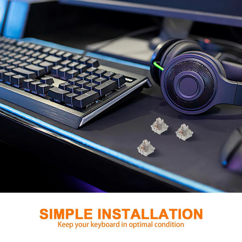10 Pack Linear Switch Stems For Mechanical Keyboard Mods Featuring Reliable Pom Abs Craftsmanship and Secure Three Leg Mount on desktop with keyboard.