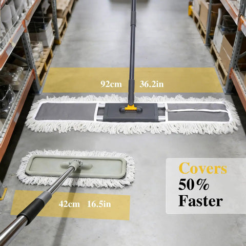Heavy Duty 36 Inch Commercial Mop Kit With One Cotton Pad And One Microfiber Pad on warehouse floor, showing size comparison.