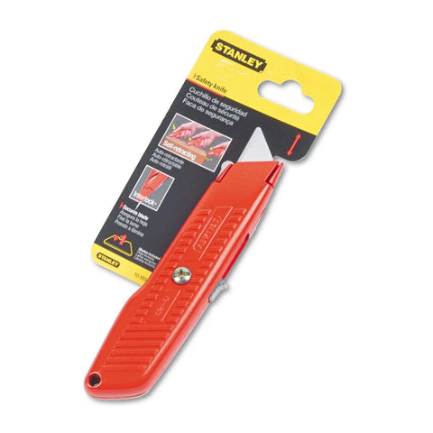 Interlock Safety Self-Retracting Utility Knife With Round Point Blade Alloy Steel Handle Grippy Contoured Grip Packaged View