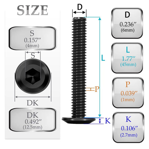 Heavy Duty M6 X 40mm Flat Head Hex Socket Cap Screws Bolts 30 Pack Black Oxide Alloy Steel specification chart including size details.
